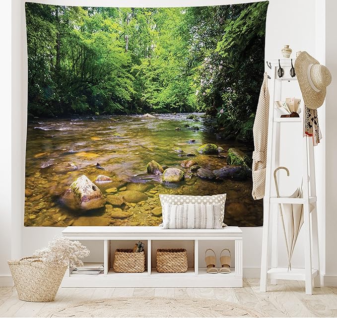 Ambesonne Appalachian Tapestry King Size, Oconaluftee River at Smoky Mountains National Park, Wall Hanging Bedspread Bed Cover Wall Decor, King Size, Lime Green Charcoal Grey