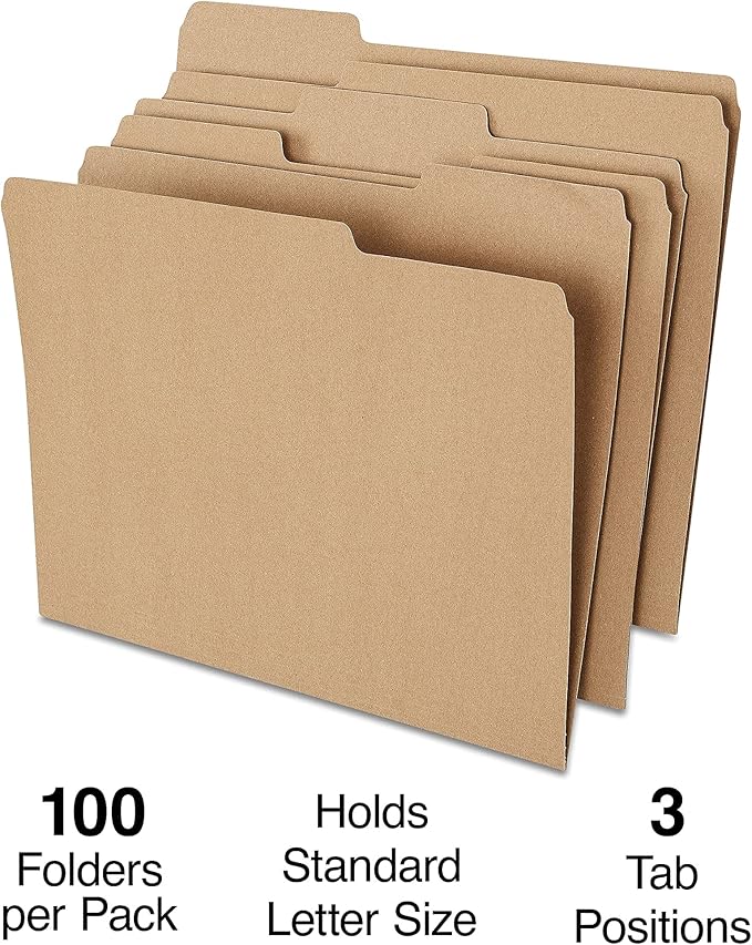 Staples Colored File Folders, Letter Size, 3‑Tab Top‑Tab Design, Kraft, Durable Paper Stock, 100/Pack