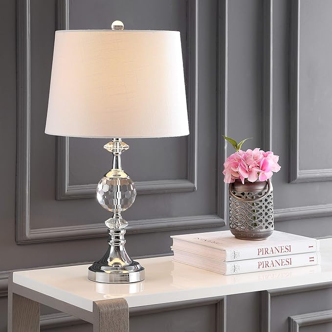 JONATHAN Y 25.5" Clear Crystal and Chrome Table Lamp, Glam Faceted Sphere Bedside Lamp with White Linen Drum Shade for Living Room, Bedroom, LED Bulb Included, UL Listed JYL5036A