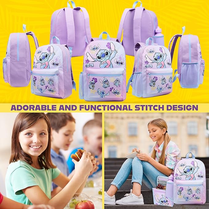 Disney Stitch Backpack Set 4 Pcs with Insulated Lunch Bag Water Bottle Pencil Case Gifts for Kids