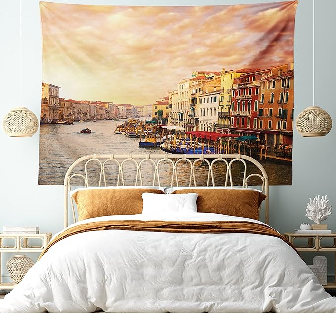 Ambesonne Scenery Tapestry, Venezia City Italian Landscape with Old Houses Gondollas and Spikes Image, Fabric Wall Hanging Decor for Bedroom Living Room Dorm, 28" X 23", Orange Yellow