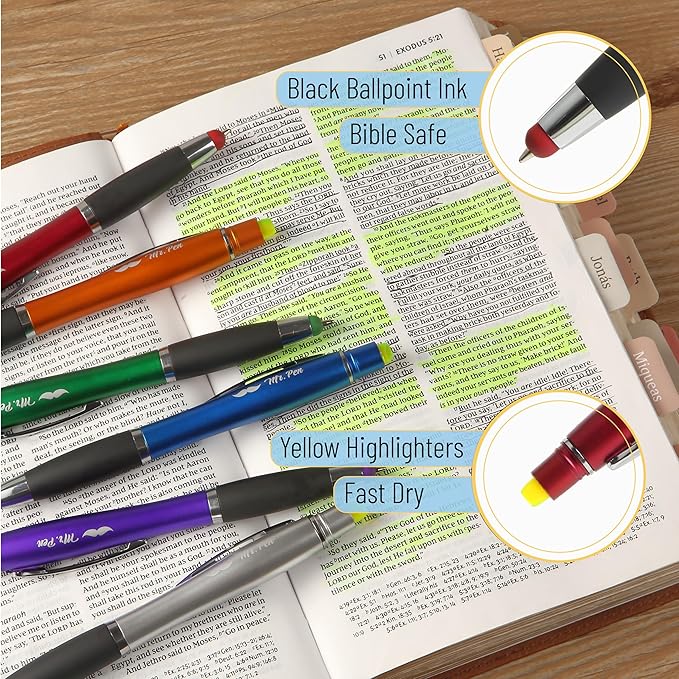 Mr. Pen- Bible Highlighter with Pen and Stylus for Touchscreens, 3 in 1, 6 Pack, Colorful Barrels, Black Ink Ballpoint Ink Pens, Yellow Wax Gel Highlighters