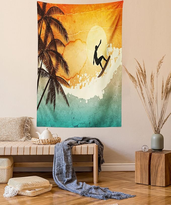 Ambesonne Grunge Tapestry, Illustration of Tropical Island Surfer on Sea Waves and Palms at Sunset, Wall Hanging for Bedroom Living Room Dorm Decor, 60" X 80", Orange Turquoise Black