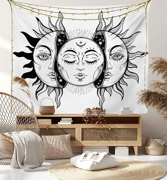 Ambesonne Moon Tapestry Queen Size, Monochrome Sun and Moon Pattern Oriental Image Culture Inspired Design Print, Wall Hanging Bedspread Bed Cover Wall Decor, 88" X 88", White Black