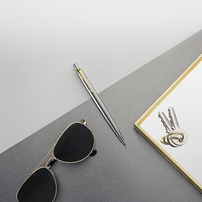 Parker Jotter Ballpoint Pen, Stainless Steel with Golden Trim, Medium Point, Blue Ink, Gift Box - Smooth Writing, Sleek, Polished, Professional, Desk Essentials