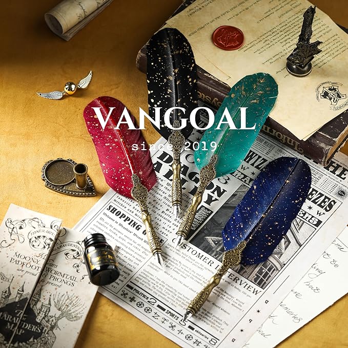 VANGOAL Vintage Green Feather Pen and Ink Set, Classic Series Goose Quill Pen with Carving Pen Stand, Calligraphy Pen Nibs, Black Dip Pen Ink, Antique Writing Gift for Writer