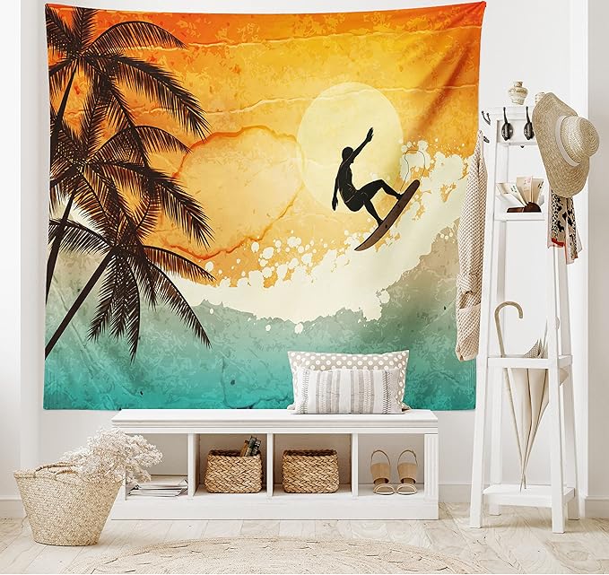 Ambesonne Grunge Tapestry King Size, Illustration of Tropical Island Surfer on Sea Waves and Palms at Sunset, Wall Hanging Bedspread Bed Cover Wall Decor, 104" X 88", Orange Turquoise Black