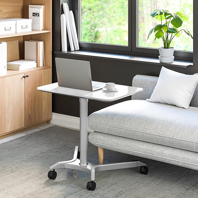 Seville Classics Airlift Height Adjustable Pneumatic Laptop Sit Stand Desk Mobile Rolling Cart, Computer Workstation for Home Office, Classroom, White, 28" Premium Desktop (New Model)