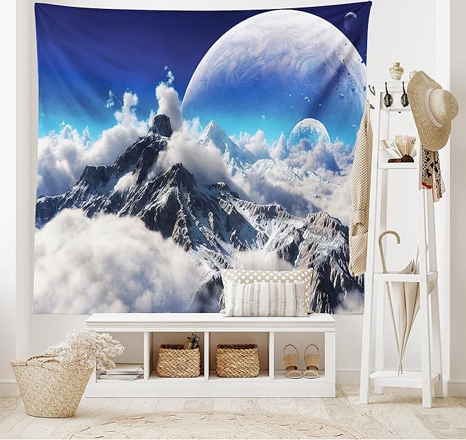 Ambesonne Fantasy Tapestry, Celestial View of Snow Capped Mountains and Alien Planet Print, Wide Wall Hanging for Bedroom Living Room Dorm, 60" X 40", White and Navy Blue
