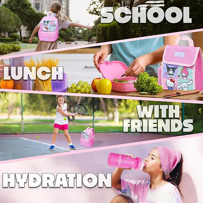 Hello Kitty Sanrio Backpack Set for Girls 4 Pcs Water Bottle Lunch Bag Pencil Case School Supplies Cinnamoroll Kuromi My Melody Gifts for Girls