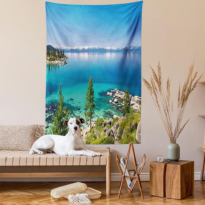 Ambesonne Blue Tapestry, Tranquil View of Lake Tahoe Sierra Pines on Rocks with Turquoise Waters Shoreline, Wall Hanging for Bedroom Living Room Dorm Decor, 40" X 60", Blue Grey Green