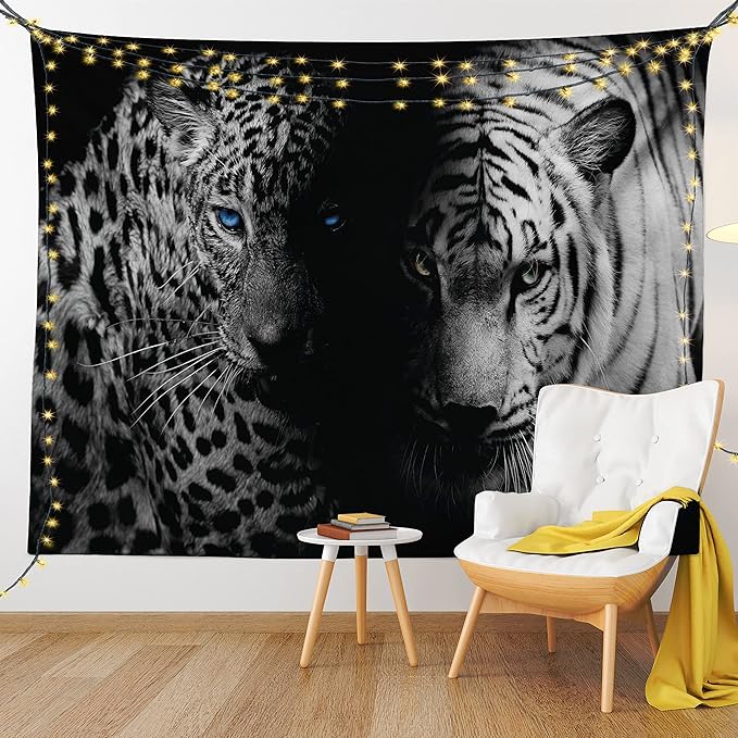 Ambesonne Leopard Tapestry, Animal Eyes Aggressive Powerful Wildcat Profile Print Monochrome Design, Fabric Wall Hanging Decor for Bedroom Living Room Dorm, 30" X 45", Black White Blue