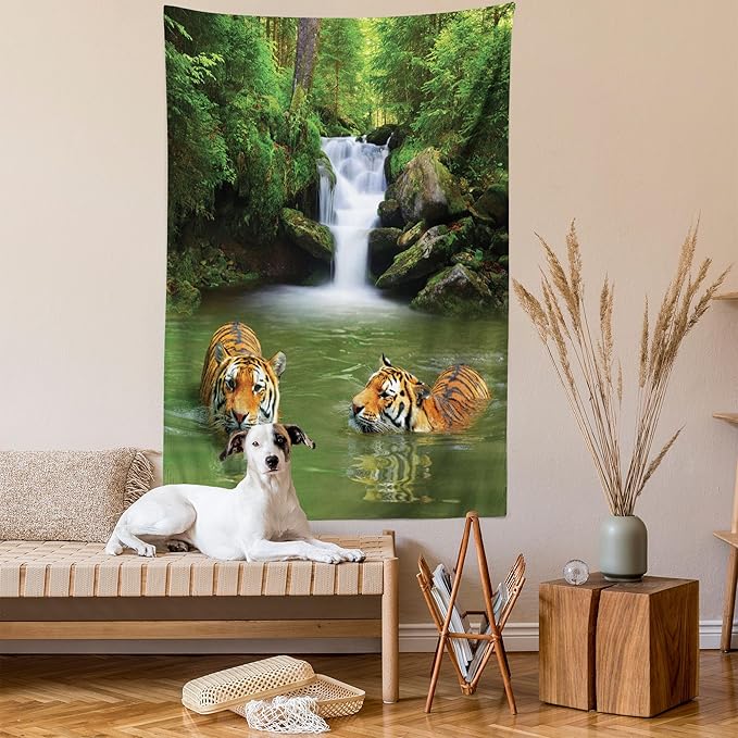 Ambesonne Savannah Tapestry, Siberian Tigers in Water Waterfall Pool Woodland Swimming Natural, Fabric Wall Hanging Decor for Bedroom Living Room Dorm, 23" X 28", Reseda Green Orange