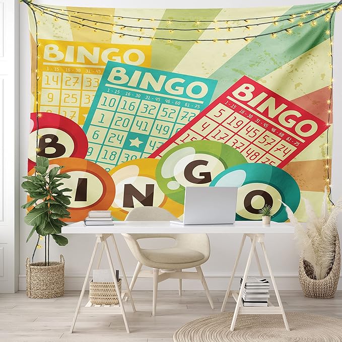 Ambesonne Vintage Tapestry, Bingo Game with Ball and Cards Pop Art Lottery Hobby Celebration Theme, Fabric Wall Hanging Decor for Bedroom Living Room Dorm, 45" X 30", Teal Multicolor