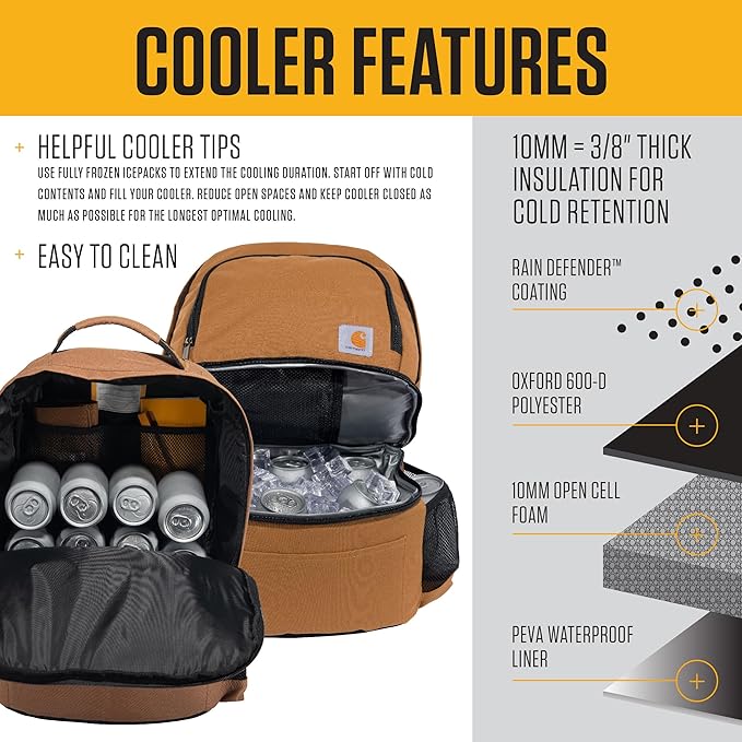 Carhartt Insulated 24 Can Two Compartment Cooler Backpack, Fully-Insulated Base, Durable Water-Resistant for Camping, Beach & Travel