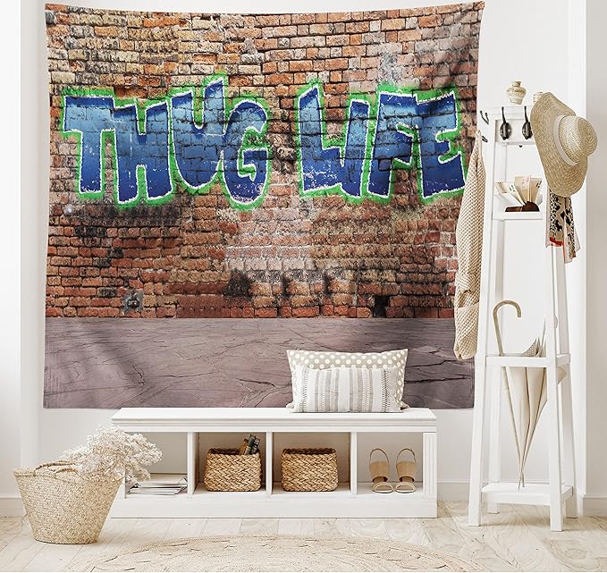 Ambesonne Thug Life Tapestry, Graffiti Style Words on a Brick Wall Street Urban Art Hip Hop Rap Culture Theme, Fabric Wall Hanging Decor for Bedroom Living Room Dorm, 28" X 23", Brown Blue