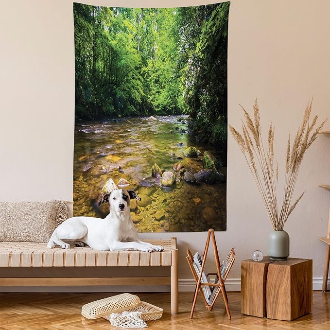Ambesonne Appalachian Tapestry, Oconaluftee River at Smoky Mountains National Park, Wall Hanging for Bedroom Living Room Dorm Decor, 60" X 80", Lime Green Charcoal Grey