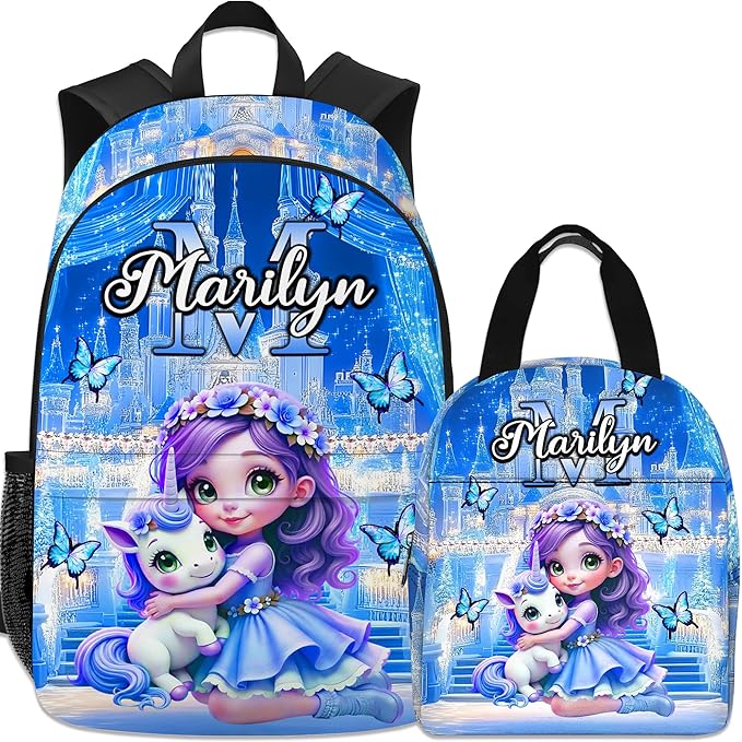 Custom Kids Backpack with Lunch Box Personalized Name School Bookbag for Girls Back to School Backpacks for Elementary Middle School Boys Blue