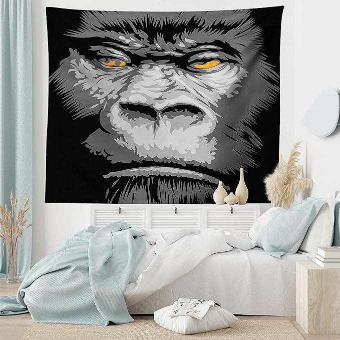 Ambesonne Modern Tapestry, Close up Gorilla Portrait with Orange Eyes Zoo Jungle Animal Wild Money Graphic, Fabric Wall Hanging Decor for Bedroom Living Room Dorm, 23" X 28", Grey Marigold
