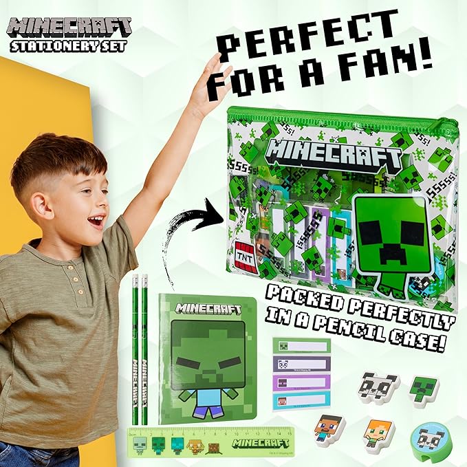 Minecraft Filled Pencil Case and Stationery Set for Kids, School Supplies - Gifts for Boys (Green)