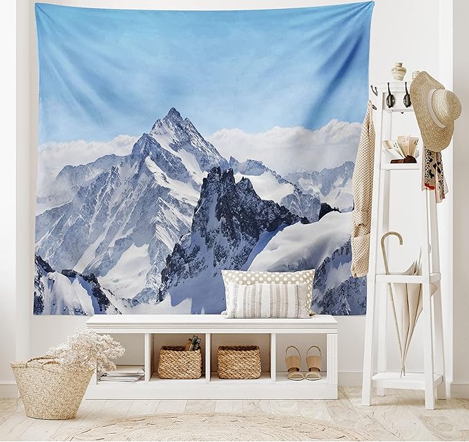 Ambesonne Winter Tapestry, Snowy Rocky Mountain Peaks Tops Scene High Lands ICY Frozen Swiss Outdoor Art, Fabric Wall Hanging Decor for Bedroom Living Room Dorm, 45" X 30", Blue and White