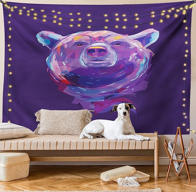 Ambesonne Bear Tapestry, Abstract Portrait with Digital Brushstrokes Wildlife Mascot Display, Wall Hanging for Bedroom Living Room Dorm Decor, 40" X 60", Purple Pink Sky Blue