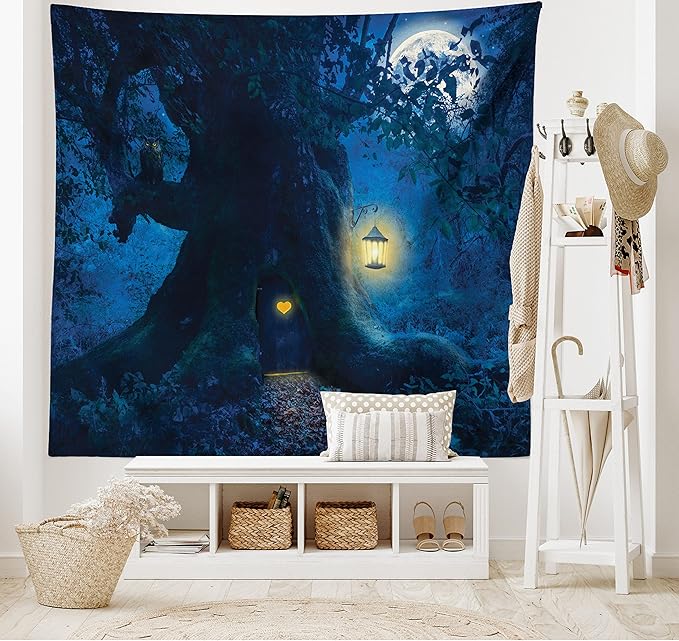 Ambesonne Fantasy Tapestry King Size, Night with a Little Home in The Trunk of an Tree in The Woods Print, Wall Hanging Bedspread Bed Cover Wall Decor, King Size, Navy Blue