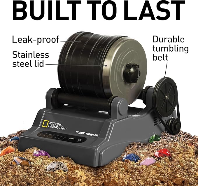 National Geographic Hobby Rock Tumbler Kit - Rock Polisher for Kids & Adults, Noise-Reduced Barrel, Grit, 2.5 Pounds Raw Gemstone & Jasper Mix, Great STEM Hobby Kit