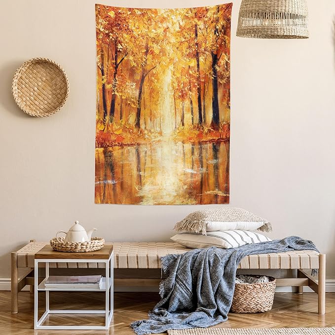 Ambesonne Country Tapestry Queen Size, Painting of a Forest by the Small Lake in Autumn Pale Fall Trees and Leaves Art, Wall Hanging Bedspread Bed Cover Wall Decor, 88" X 88", Orange Brown
