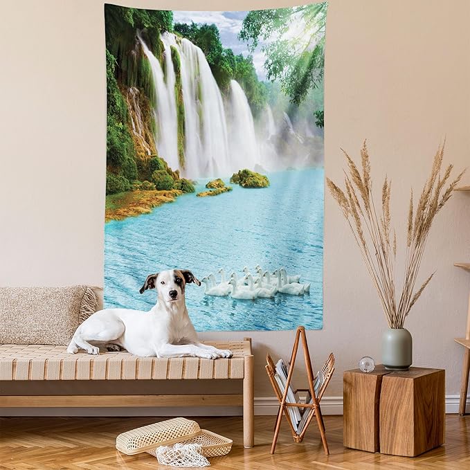 Ambesonne Waterfall Tapestry, Image of a Grand Waterfall with Swans in the Lake Sunny Day Nature Print, Fabric Wall Hanging Decor for Bedroom Living Room Dorm, 30" X 45", White Green