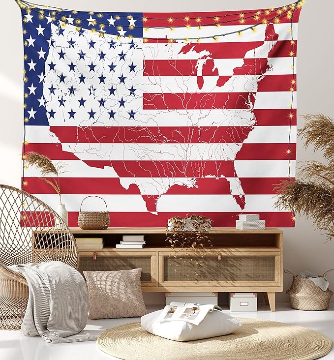 Ambesonne American Flag Tapestry, America Continent Shaped Flag Martial Design International World Glory Print, Fabric Wall Hanging Decor for Bedroom Living Room Dorm, 28" X 23", Indigo Red