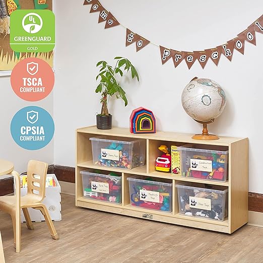 ECR4Kids 5-Compartment Mobile Storage Cabinet, Toddler, Classroom Furniture, Natural