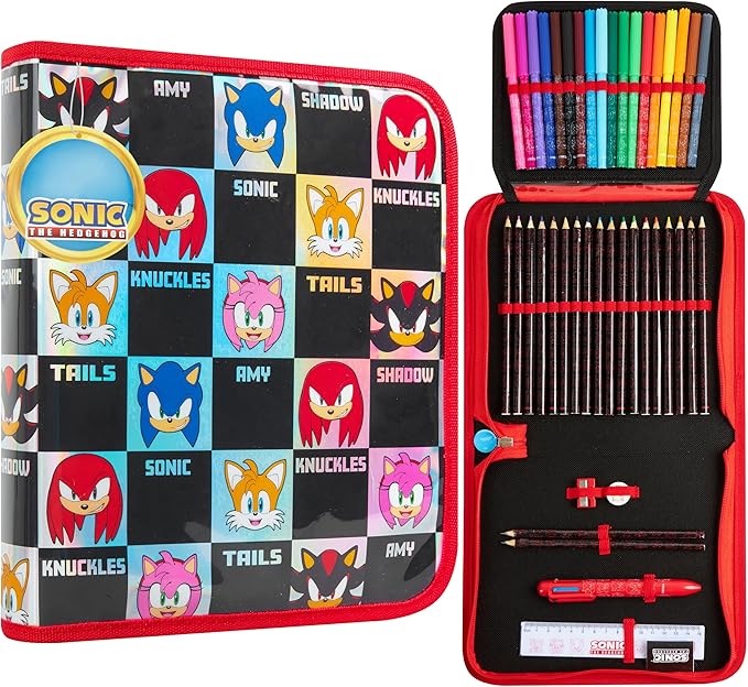 Sonic The Hedgehog Pencil Case with Colored Pencils Set for Kids Tweens School Supplies Gamer Pencil Pouch Markers Knuckles Shadow Amy Gifts for Kids
