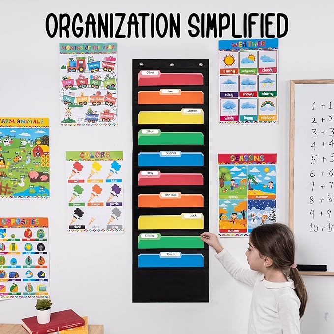 Essex Wares - 10 Pocket File Pocket Chart, Black, 14" Wide x 47" Tall - Versatile Wall Hanging File Folder Organizer for Classroom, Office, Home, and More - Wall Folder Organizer - 10 Pockets