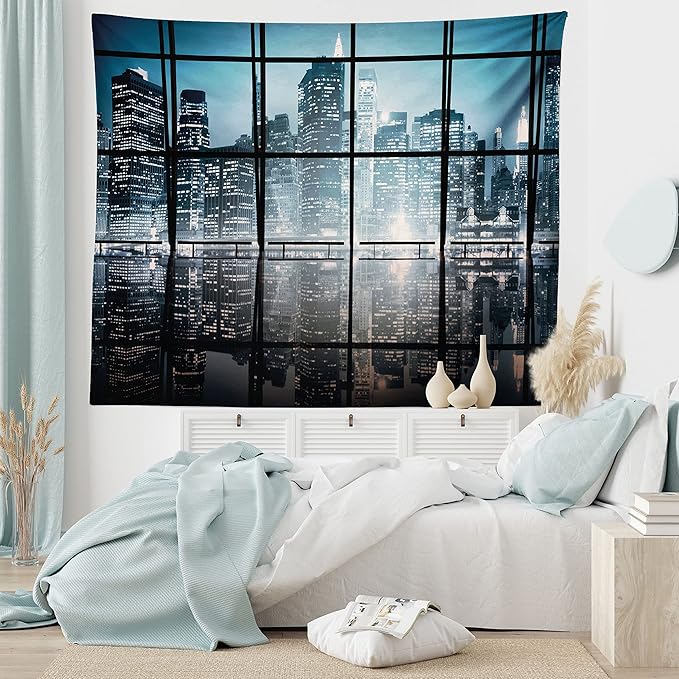 Ambesonne Modern Tapestry King Size, Modern New York City Scenery at Night with Skyscrapers Buildings Print, Wall Hanging Bedspread Bed Cover Wall Decor, 104" X 88", Black Blue