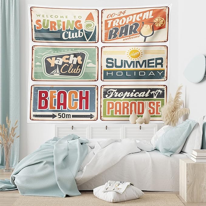 Ambesonne Retro Tapestry, Summer Holiday Vintage Camping Beach Sign Boards in Old Style Faint Colors Art Print, Wide Wall Hanging for Bedroom Living Room Dorm, 60" X 40", Cream