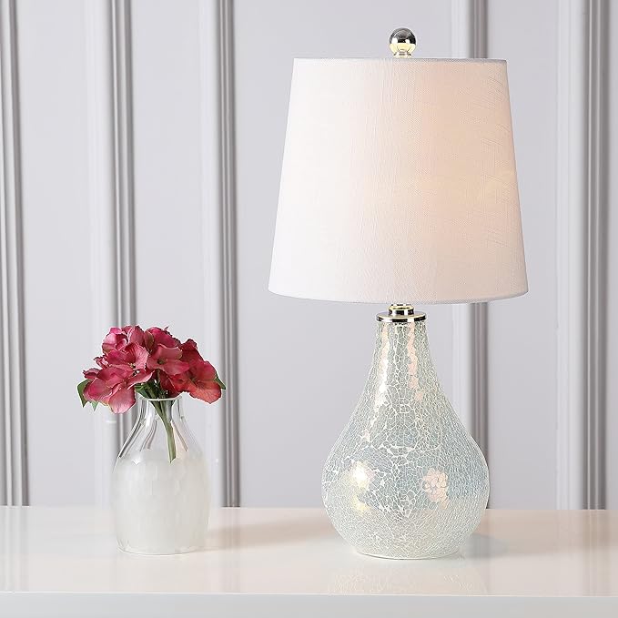 JONATHAN Y 20.5" Mosaic White Coastal Mini LED Table Lamp for Living Room Office, White Linen Drum Shade, Modern Mother of Pearl Bedside Nightstand Lamp, LED Bulb Included (JYL1024B)