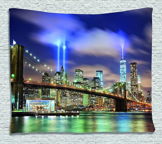 Ambesonne Landscape Tapestry, Manhattan Skyline with Brooklyn Bridge and Towers in NYC United States America, Wide Wall Hanging for Bedroom Living Room Dorm, 80" X 60", Purple Green