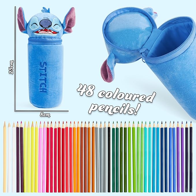 Disney Stitch Colored Pencils and Pencil Case 48 Pcs Color Pencil Set Art Supplies (Blue Stitch)
