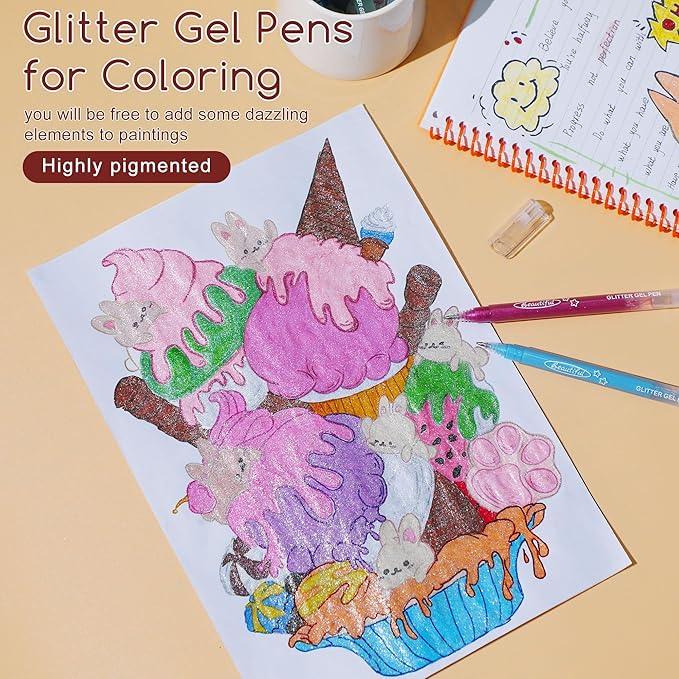 Glitter Gel Pens, 24 Pack Super Glitter Colors Paint Pens 1.0mm Fine Tip Large Capacity Colored Drawing Pens Sparkle Paint Pen for Kids Adults DIY Craft Making, Coloring, Doodling, Scrapbooking