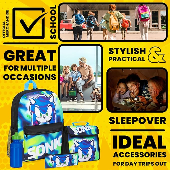 Sonic The Hedgehog Backpack Set 4 Pcs with Insulated Lunch Bag Water Bottle Pencil Case Shadow School Supplies Gift for Kids (Sonic 4 Pcs Set)