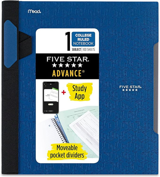 Five Star Advance Spiral Notebook + Study App, 1 Subject, College Ruled Paper, 8-1/2" x 11", 100 Sheets, Spiral Guard, Movable Tabbed Dividers, Pacific Blue (820012D-ECM)