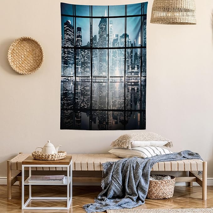 Ambesonne Modern Tapestry Queen Size, Modern New York City Scenery at Night with Skyscrapers Buildings Print, Wall Hanging Bedspread Bed Cover Wall Decor, 88" X 88", Black Blue