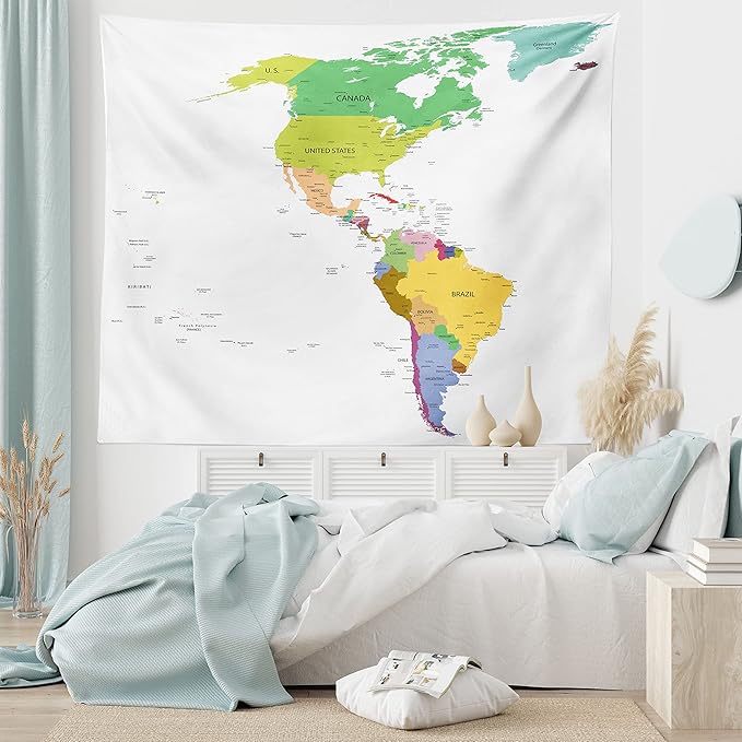 Ambesonne Map Tapestry, Map of South and North America with Countries Capitals and Major Cities Colorful Design, Fabric Wall Hanging Decor for Bedroom Living Room Dorm, 45" X 30", Green White
