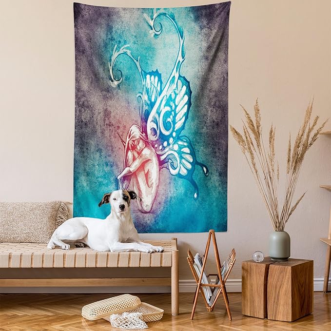 Ambesonne Butterfly Tapestry, with Butterfly Wings Renewal Female Rebirth Psyche Lightness of Being, Wall Hanging for Bedroom Living Room Dorm Decor, 40" X 60", Blue Purple