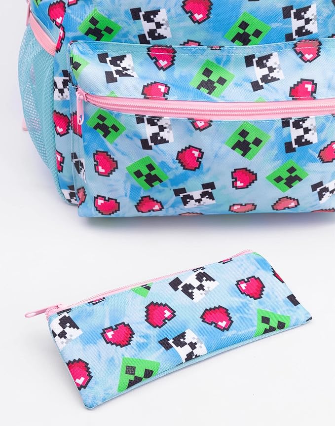 Minecraft Backpack and Lunch Box Set for Girls | Kids 4 Piece Creeper Panda Hearts Blue School Rucksack, Lunch Bag, Pencil Case, Water Bottle One Size