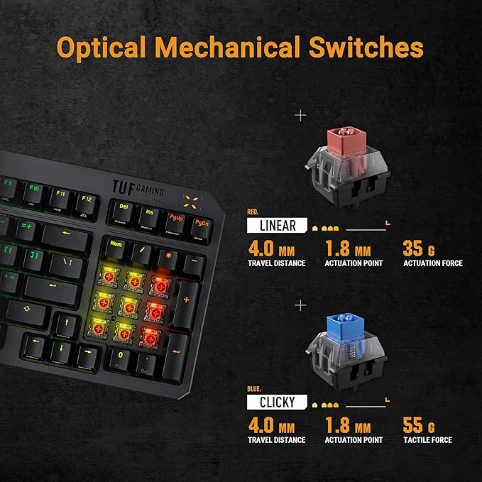 ASUS TUF Gaming K3 Gen II Wired USB Gaming Keyboard – 97-Key Compact Layout, Optical-Mechanical Red (Linear) Switches, PBT Keycaps, Detachable Top Plate, IP57 Waterproofing, PC/Mac Support - Black