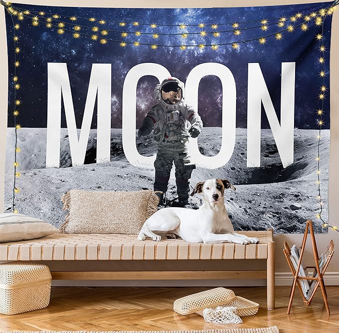 Ambesonne Outer Space Tapestry, Miniature Toy Astronaut on The Foreground of Giant Moon Big Bang Mars Print, Fabric Wall Hanging Decor for Bedroom Living Room Dorm, 28" X 23", Grey Blue