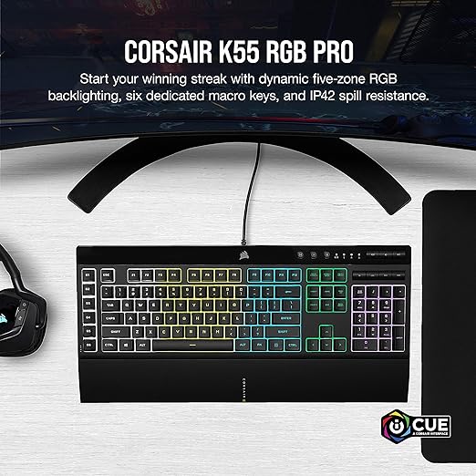 Corsair K55 RGB PRO Membrane Wired Gaming Keyboard – IP42 Dust and Spill-Resistant – 6 Macro Keys with Elgato Integration – iCUE Compatible – QWERTY NA – PC, Mac, Xbox – Black