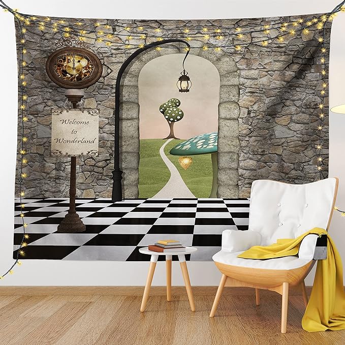 Ambesonne Alice in Wonderland Tapestry, Welcome Wonderland Black and White Floor Landscape Mushroom Lantern, Wide Wall Hanging for Bedroom Living Room Dorm, 80" X 60", Stone Black